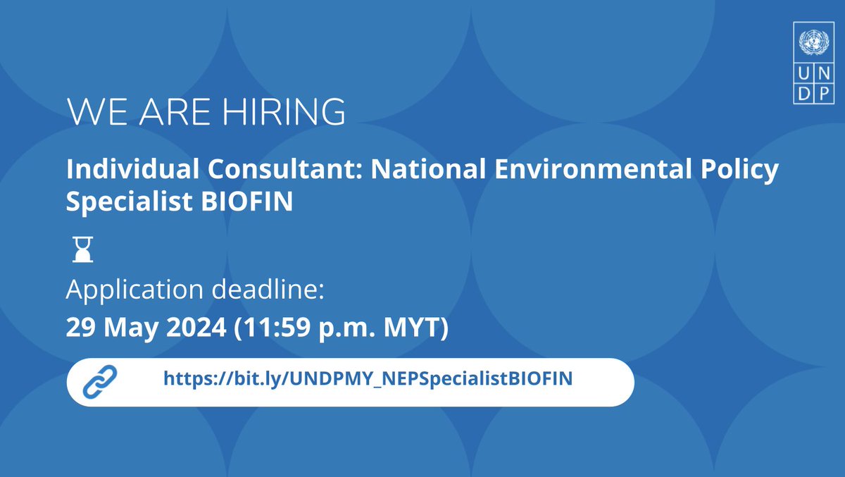 📣 We are #hiring! #MyUNDP is looking for talents to undertake the assignment! Apply now via the following:
✍️Individual Consultant: National Environmental Policy Specialist BIOFIN
📆 29 May 2024 (11.59 p.m. MYT)
🖱️ bit.ly/UNDPMY_NEPSpec…