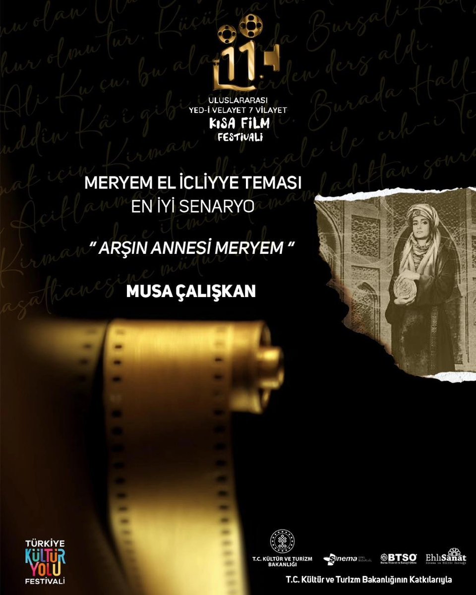 11. Uluslararası Yed-i Velayet 7 Vilayet Kısa Film Festivali Tematik Senaryo yarışmasında en iyi senaryolar belli oldu. Tüm katılımcılarımıza teşekkür ediyor,  kazanan finalistlerimizi tebrik ediyoruz.
Festival Komitesi 
#kulturveturizmbakanligi
 #sinemagenelmudurlugu #bursatso