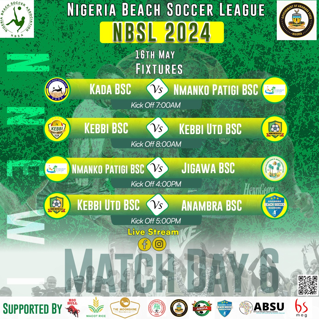 Matchday 2024 Nigeria Beach Soccer League (Second Round) at Nnewi Anambra State Kebbi BSC vs Kebbi United BSC 8:00 am