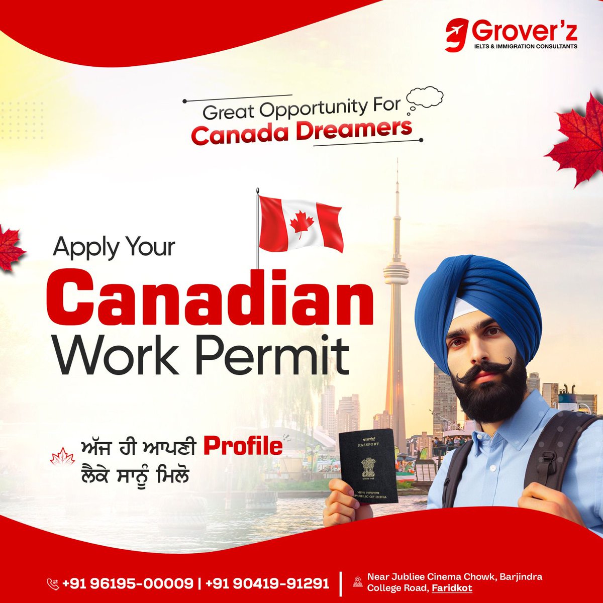 Live, work, and explore Canada!🇨🇦 Get expert guidance on your work permit application.🍁✅ Contact us now to apply!⤵ ☎ 96195-00009, 90419-91291 Visit us: groverz.in #GroverzIeltsImmigration #Canada #WorkPermit #Workincanada #settleincanada #CanadaWorkpermit
