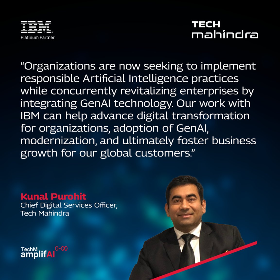 We're delighted to share that @Tech_Mahindra and @IBM have partnered to help enterprises accelerate the adoption of trustworthy #GenerativeAI using Watsonx. Know more about this strategic #partnership: techmahindra.com/en-in/techm-an… #ScaleAtSpeed #IBM #Watsonx #DigitalTransfrmation