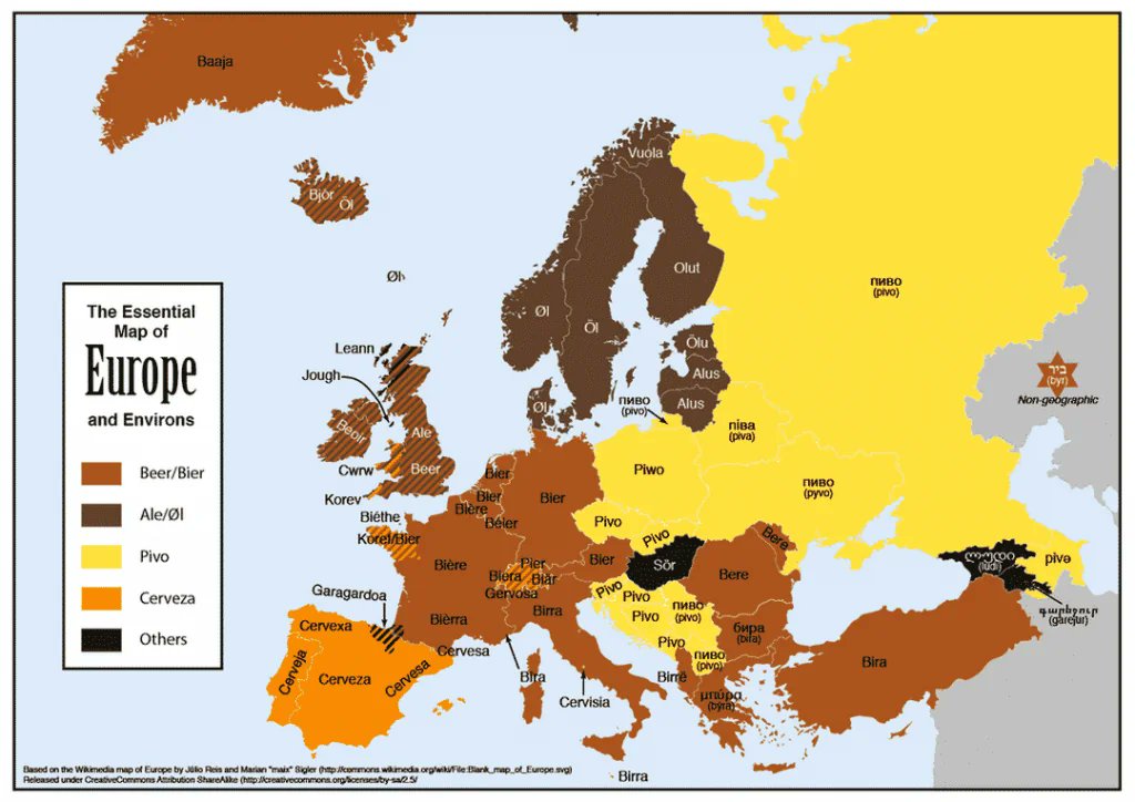 This map shows how Europe is divided into 4 regions based on origins of the word beer.