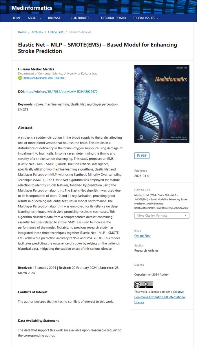 BV_Publishing's tweet image. We are thrilled to share with you the new paper published in Medinformatics! 

Please feel free to read and share the paper by clicking: 
lnkd.in/g9P_5mnP 
 
#stroke
#machinelearning
#ElasticNet
#SMOTE
#multilayerperceptron
