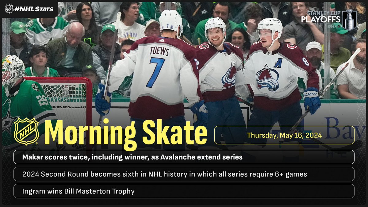NHL Morning Skate: #StanleyCup Playoffs Edition – May 16, 2024 ▪ @Avalanche head home to Denver with chance to even series ▪ All four series in the Second Round will feature a Game 6 ▪ Ingram wins 2023-24 Bill Masterton Memorial Trophy #NHLStats: media.nhl.com/public/news/18…