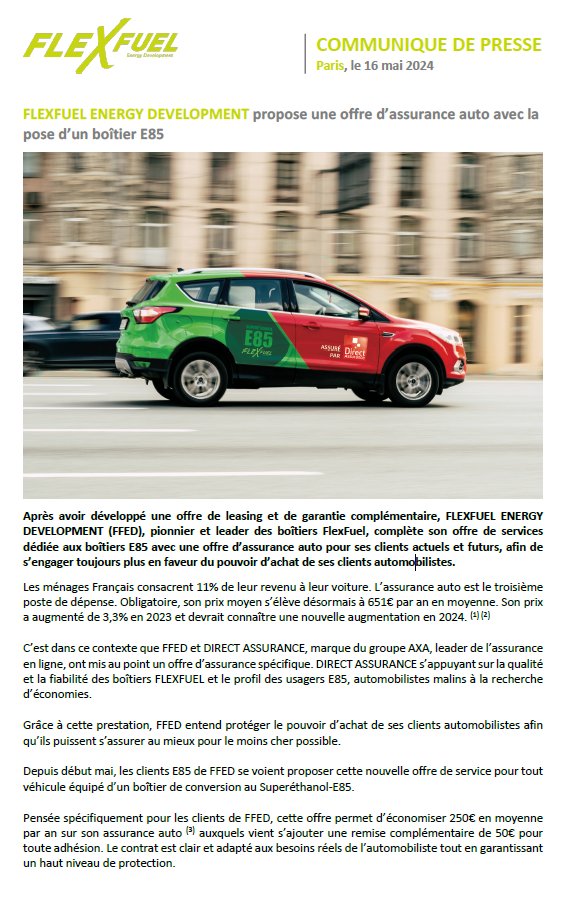 [Communiqué de Presse] FLEXFUEL ENERGY DEVELOPMENT propose une offre d’assurance auto avec la pose d’un boîtier E85.

#conversionethanol #flexfuel #e85