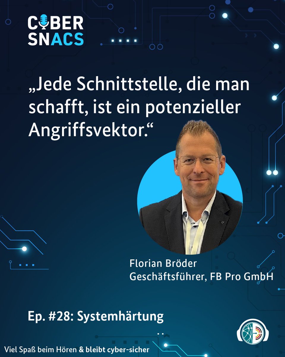 CyberAllianz's tweet photo. 🎙️ Die neue Folge von #CYBERSNACS ist online. 🚀 Diesmal sprechen wir mit unserem Gast @FBroeder über Systemhärtung. Warum ist das eine wirksame präventive Maßnahme? Und was muss man dabei beachten? Das erfahrt ihr hier: 🎧️👉️https://t.co/AmAlwdakl3 
#Podcast #digitalundsicher https://t.co/KjZvRIkZR4