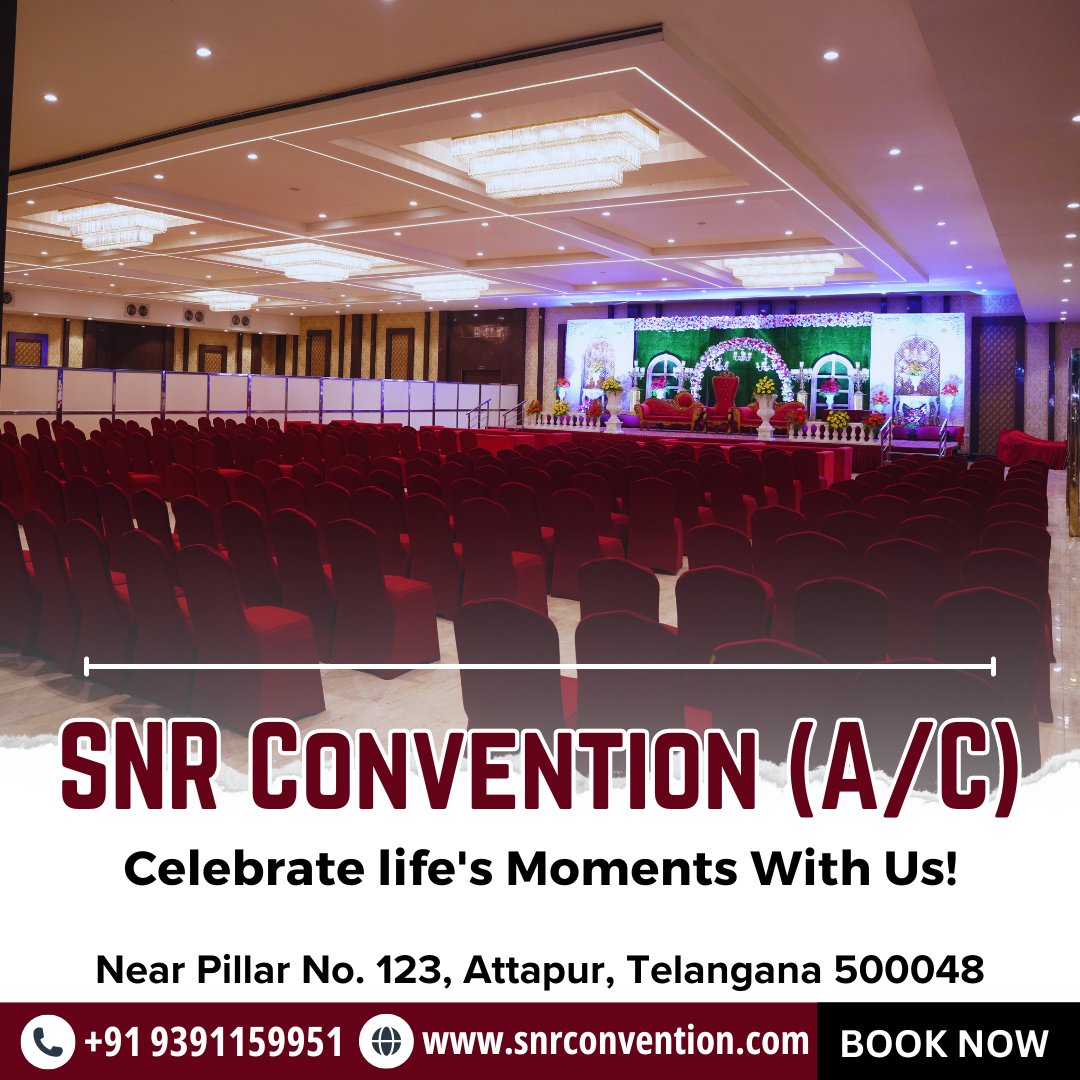 Stay Cool and Inspired at the SNR Convention (A/C)! ❄️💡'
#snrconvention
#hyderabad
#hyderabadtrends #hyderabadlocals #hyderabadlive
#marriagevenue #muslimwedding #wedding2024
#weddingday #weddingcelebration #hyderabadibiriyani
#hyderabadi #mandap #mandapdecoration #telangana