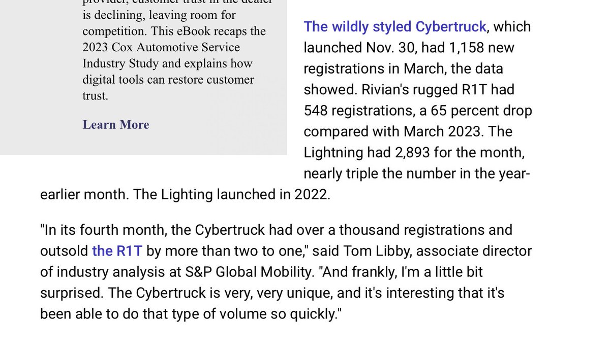 Rivian R1T registrations were down 65% year over year in march as Cybertruck outsold it 2 to 1 $RIVN $TSLA