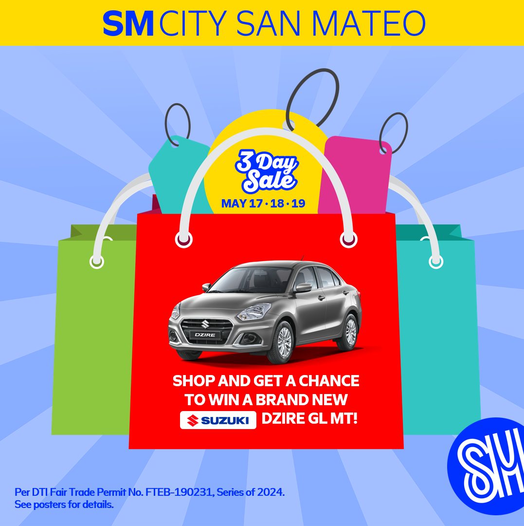 The BIGGEST MALLWIDE SALE this SUMMER is here! 🌞🙌🛍

Get ready to shop for the hottest gift items and have a chance to win a brand new car! 😮😮😮

All this and so much more only at SM City San Mateo! 🫰

#GetHypedAtSM
#SMSanMateo3DaySale
#EverythingsHereAtSM