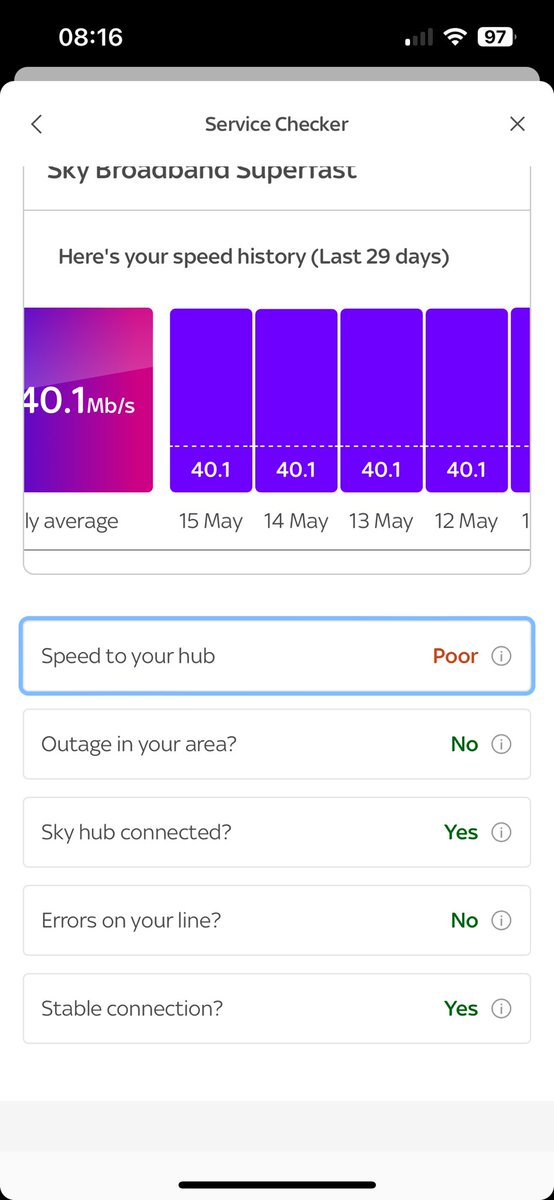 tradingnorts's tweet photo. @SkyHelpTeam Hi. I cannot get thru to an operative to discuss but my broadband is regularly dropping out.  Furthermore when it is working my speeds are not near my ‘guaranteed’ download speeds. Please see images below. Also, invariably the diagnostics are not working. https://t.co/akCagKrHWW