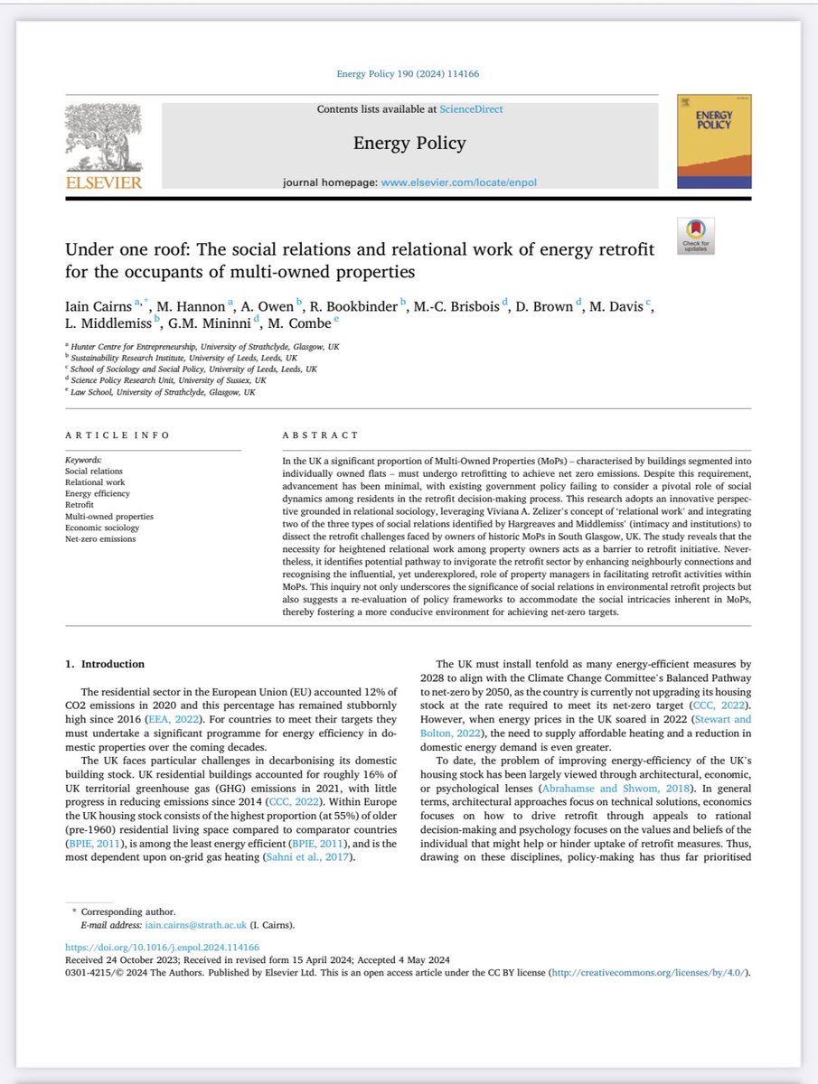 ✍🏻 NEW PAPER @ElsevierEnergy ✍🏻 Informed by data on #renovation / #retrofit from our Glasgow case study in the Whole Person Whole Place project @UKERCHQ, this paper led by @IainCairns4 has four key findings… @SSPLeeds @SRILeeds @SEELeeds @EnergyLeeds 1/2