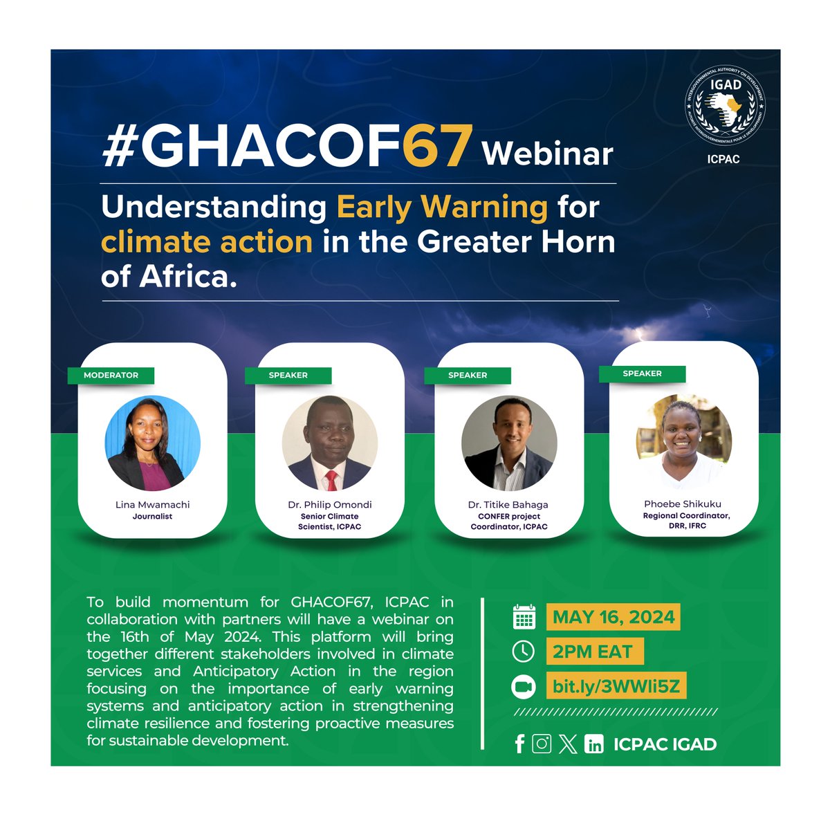 🔔 A reminder to join us this afternoon for our #GHACOF67 webinar on Understanding #EarlyWarning for #climateaction in the Greater #HornofAfrica. 🕑 14:00-15:00 (EAT) 💻 Virtual Register here ➡️ bit.ly/3WWli5Z