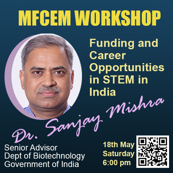 Announcing an online interactive session, aimed at students/postdocs, on the theme of FUNDING & CAREER OPPORTUNITIES IN STEM IN INDIA, by Dr. Sanjay Kumar Mishra, DBT, Gov. of India. See you in large numbers on 18th MAY, SATURDAY, 6:00 pm.
@BSBEIITK1 @MehtaFF @DBTIndia 
#STEM
