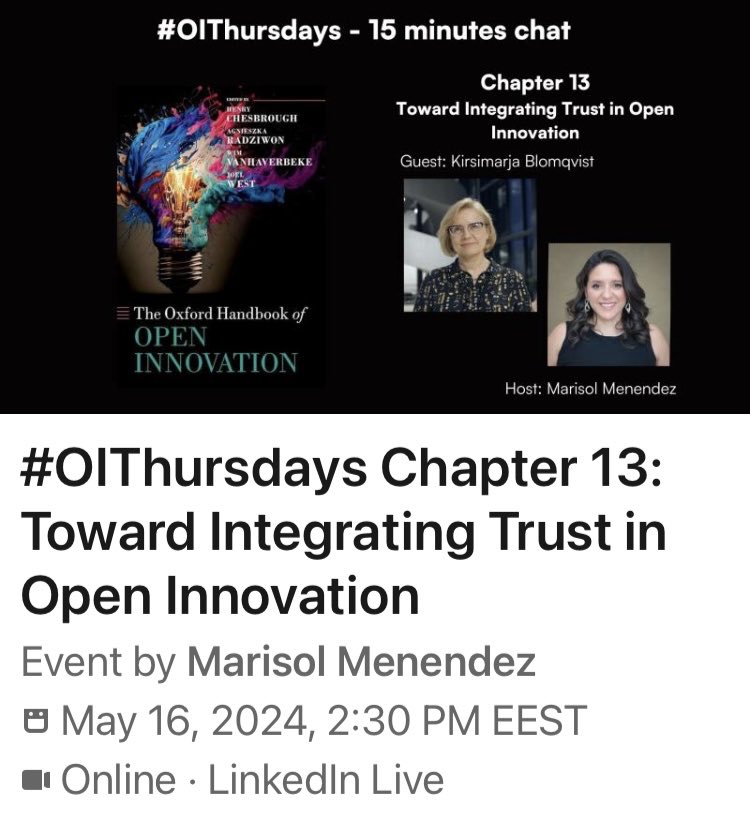 Talking on #trust in #open #innovation today 2:30 PM EEST with ⁦@marisolmenendez⁩