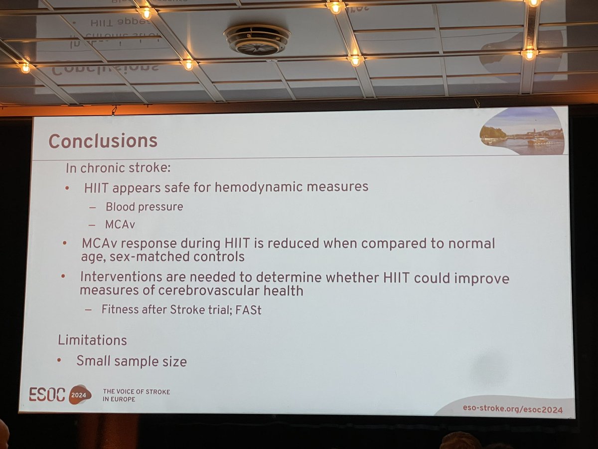 One of the most exciting session about the #aerobics and #HIIT in #stroke recovery: Sandra Billinger from the Kansas City, the USA: 
> HIIT is safe
> it improves cardiovascular health 
@ESOstroke #ESOC2024