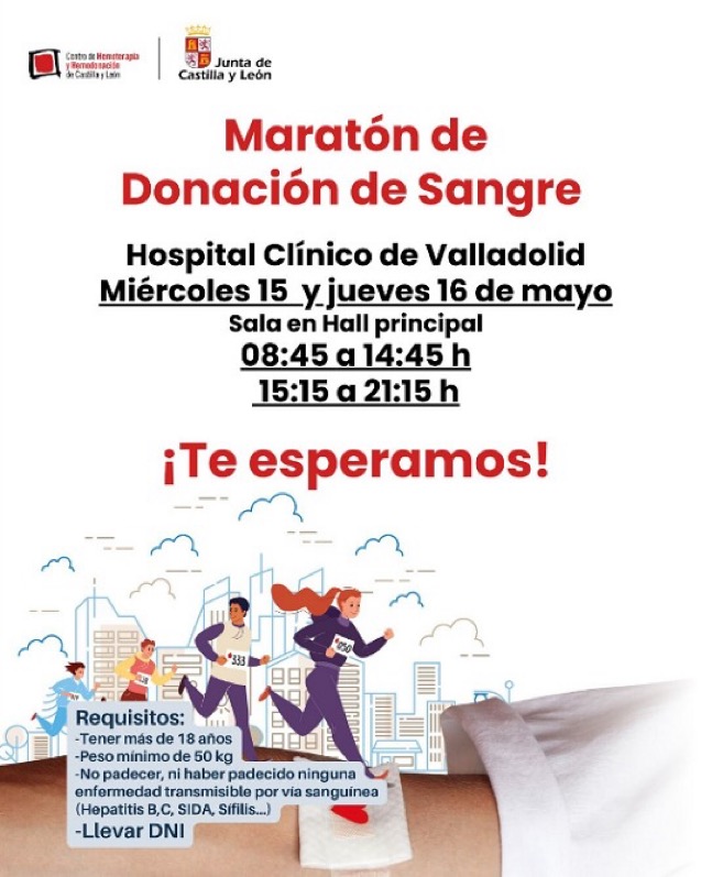 🩸Recuerda que @donasangreCYL continúa sus 'maratones' de donación 📍Hoy, 16 de mayo, en Hospital Clínico de #Valladolid, hall principal 🕐De 8:45-14:45h y de 15:15-21.15h @Salud_JCYL  ¡Acude a donar sangre!