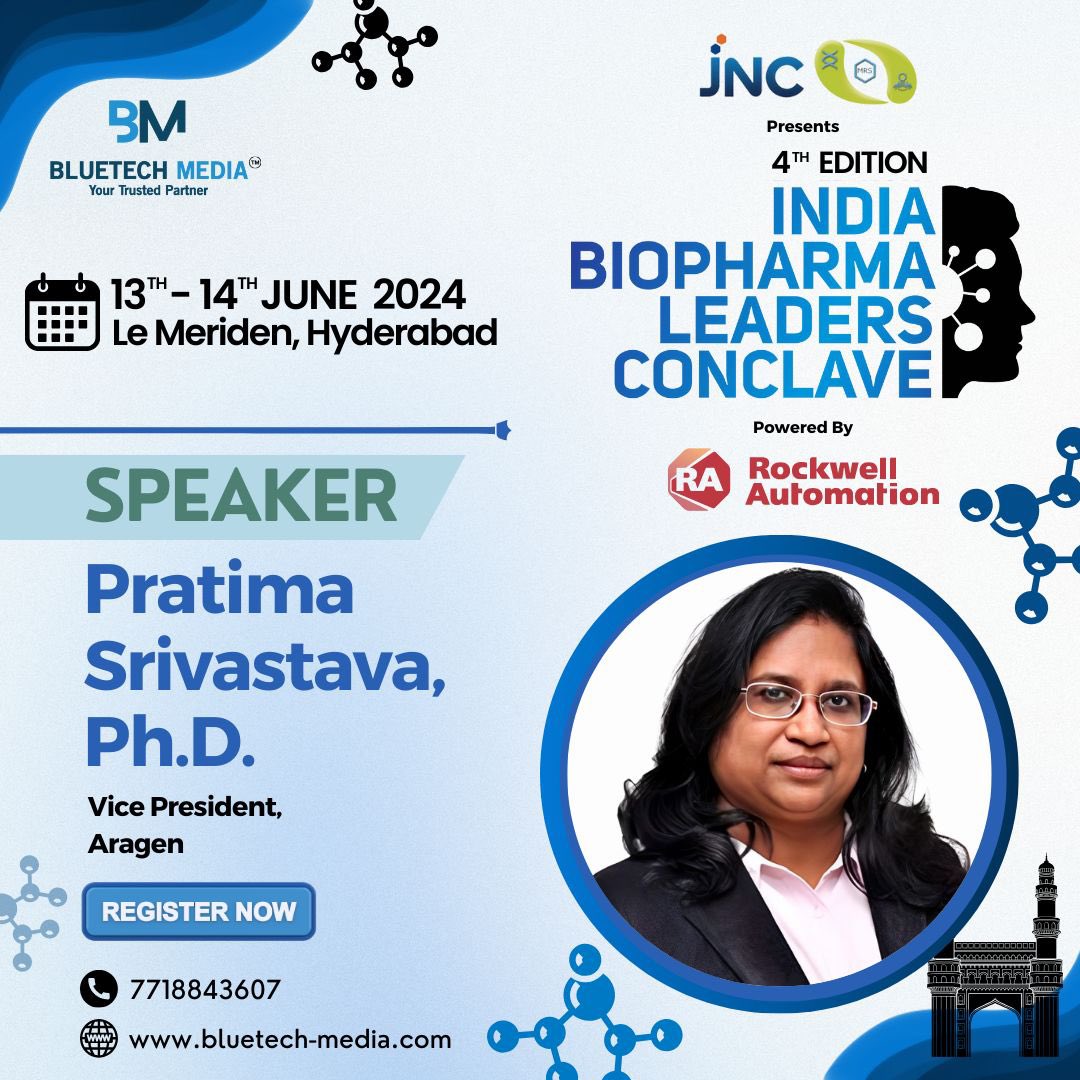 We're thrilled to announce Pratima Srivastava, Ph.D., Vice President, Aragen Life Sciences as our Esteemed Speaker for the 4th Edition of the India Biopharma Leaders Conclave, proudly presented by M R Sanghavi & Co., powered by Rockwell Automation, 
Click lnkd.in/d2T9iruW