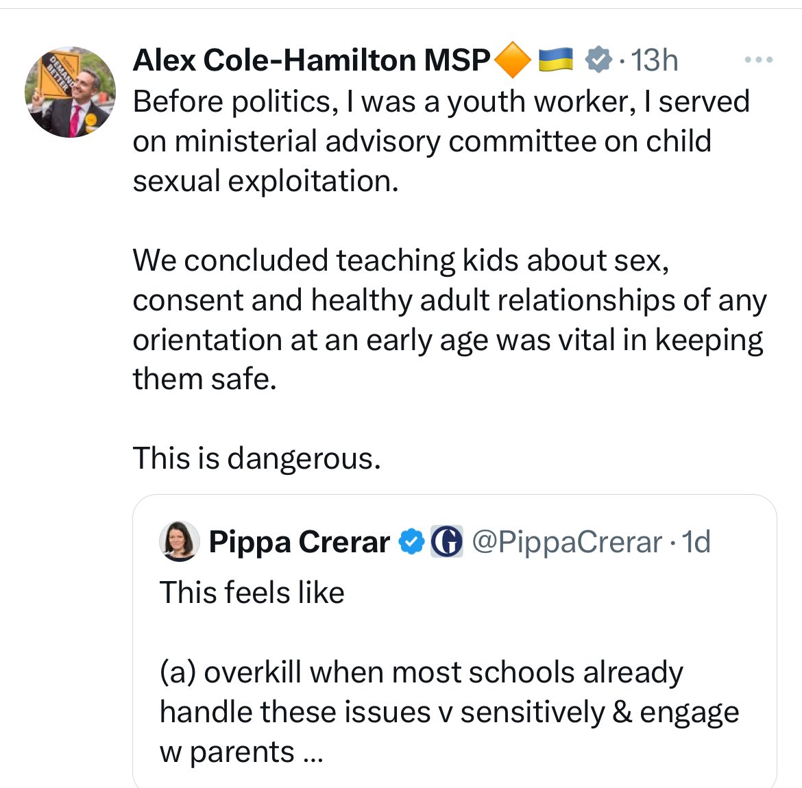 I agree with his point about sex education but WHY did ACH promise to help me when I went to him with concerns about paedophiles in Lib Dems, but then he blocked me when I reminded him of his promise? All kids deserve to be safe, including those who meet Lib Dem members. #AskAlex
