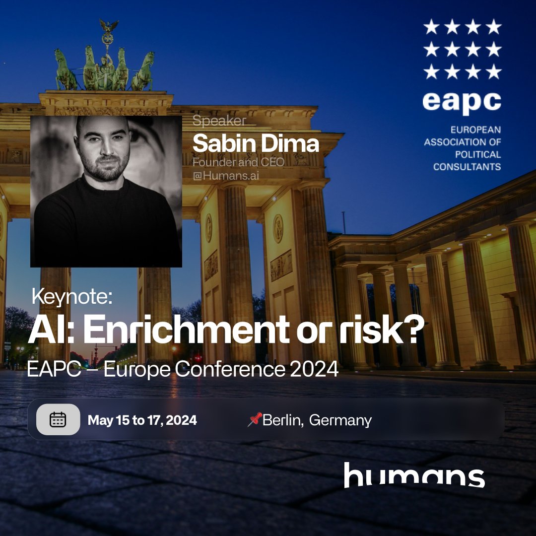 1/3
Humans.ai’s CEO, @sabinD, presents at the EAPC 2024 Event in Berlin: “AI: Enrichment or Risk?”