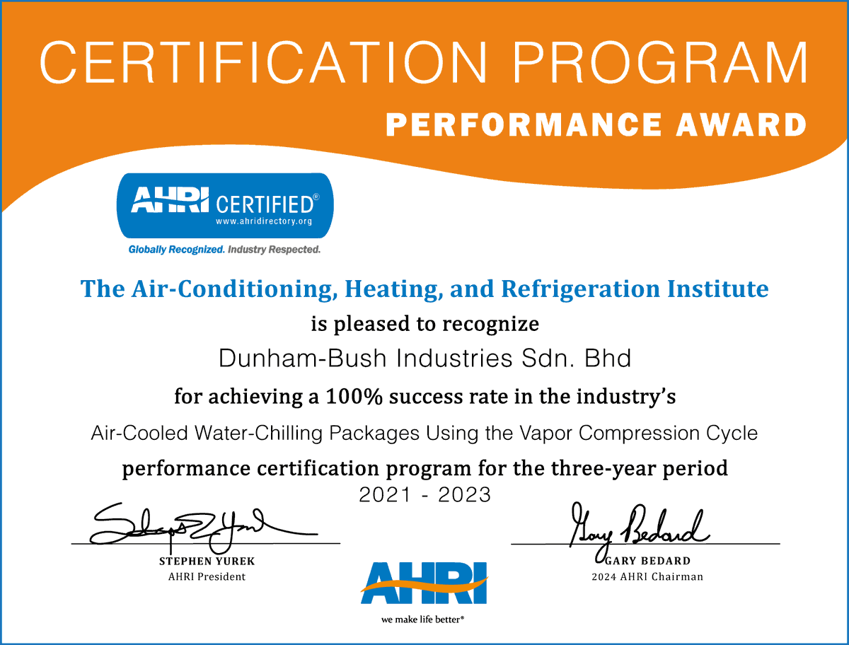 DunhamBushSA's tweet photo. We have been awarded with the AHRI 100% Success Rate Performance Certification! We have been awarded for Dunham-Bush's success in meeting 100% of AHRI performance requirement for Water Cooled Chiller &amp; Air Cooled Chiller for 2021-2023. 
#DunhamBushSA #Onlythebest #HVAC https://t.co/YIlyom7Naq