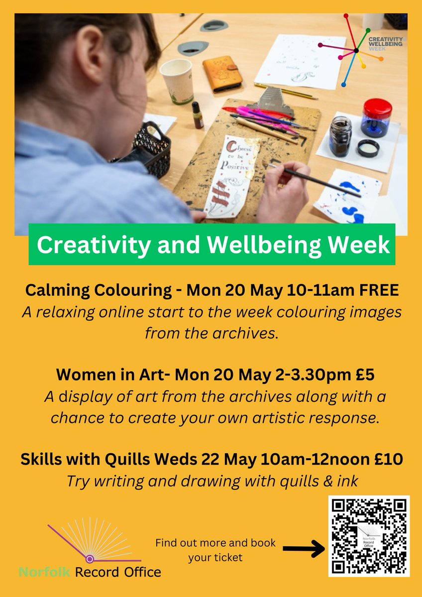 Join us next week to celebrate Creativity and Wellbeing Week. We're running three events, ranging from free to £10, with places still available. Let your creative side out and sign up today! norfolkrecordofficeblog.org/events-spring-… #creativityandwellbeing #creativityandwellbeingweek