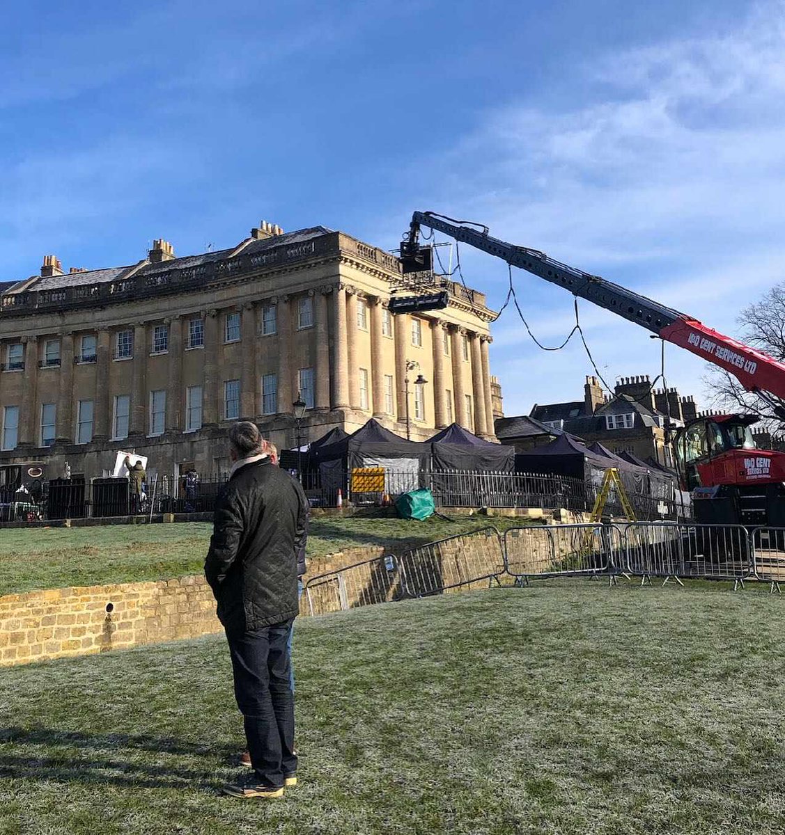 It's here! #BRIDGERTON Series 3 launches today and we cannot wait to see ourselves on screen again! (Vain? Us?!) 

Here's a photo from the filming last year taken by <a href="/royalcrescent/">The Royal Crescent Hotel & Spa</a>.

To celebrate we're running a regency dressing up experience all day: no1royalcrescent.org.uk/whats-on/bridg…