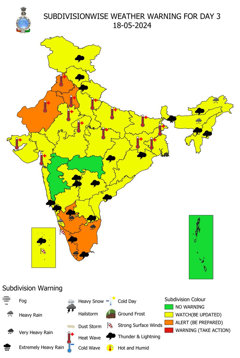 Wet spell with isolated heavy to very heavy rainfall very likely to continue over south Peninsular India till 22nd May, 2024. Isolated extremely heavy rainfall also very likely over Tamil Nadu on 16th & 20th and Kerala on 20th May, 2024.