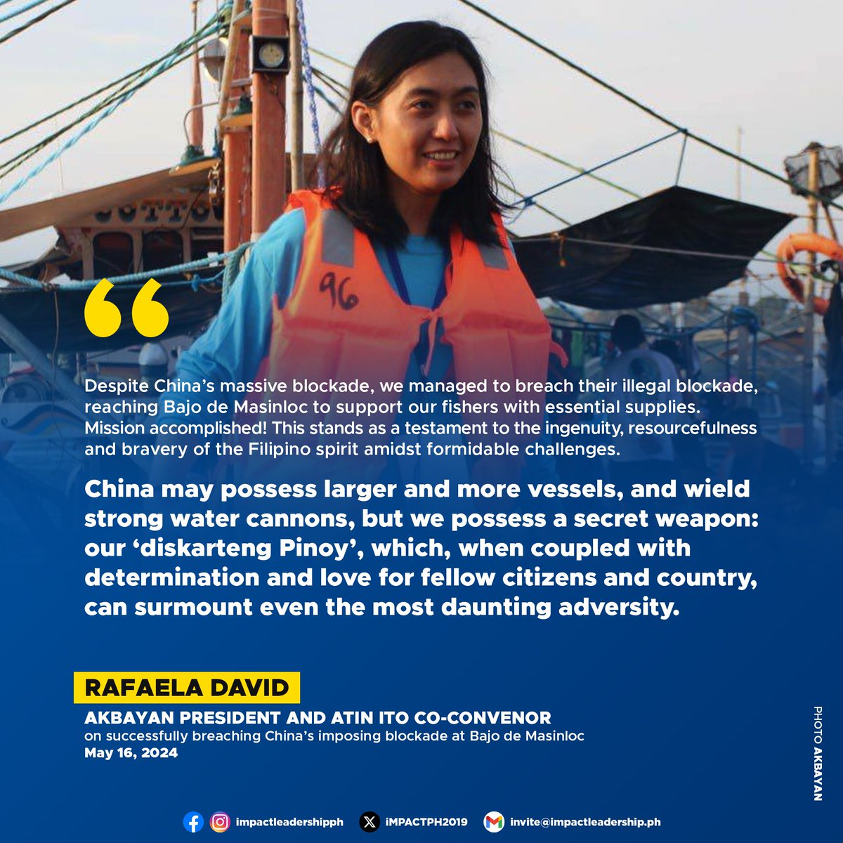 'MISSION ACCOMPLISHED' Akbayan Party President and Atin Ito Coalition Co-Convenor Rafaela David announced that an advance team sent a day before the official civilian supply mission successfully breached China's imposing blockade at Bajo de Masinloc.