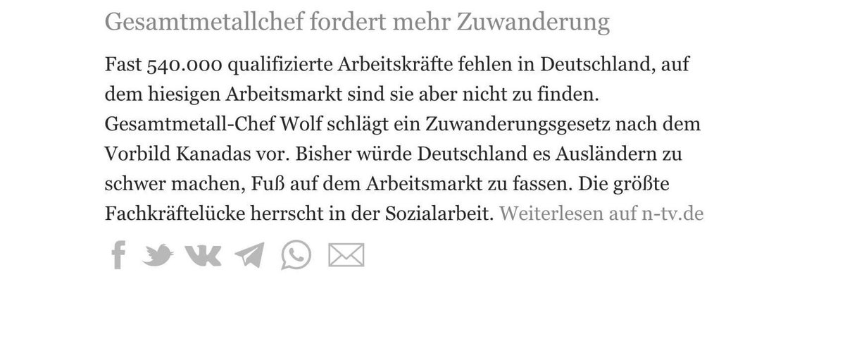 🇩🇪🇩🇪🇩🇪🇩🇪🇩🇪🇩🇪🇩🇪🇩🇪🇩🇪🇩🇪🇩🇪

🚨 Nein Lügner, es fehlen keine Fachkräfte. Es ist absurd zu glauben, das ein Fachkräfteland, 'Fachkräfte' aus dem Sudan, Irak oder Somalia braucht. 

👉 Was es aber braucht, ist eine Familienpolitik, die  Familien ermutigt, wieder mehr Kinder zu bekommen,