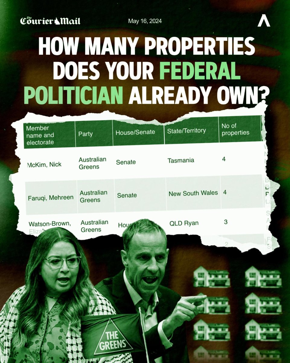 Greens MPs own a total of 20 houses, with Mehreen Faruqi and Nick McKim owning four each. LIfe's pretty good when all you have to do all day is think up climate taxes to stick on our utes.