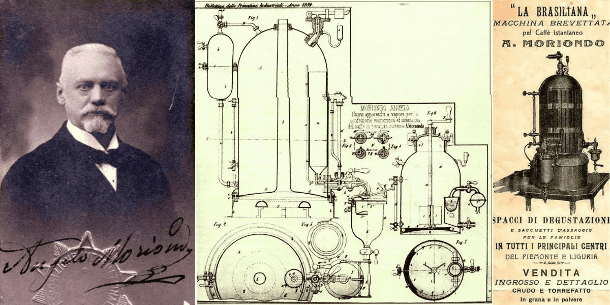 Il #16maggio 1884 #AngeloMoriondo ottiene il brevetto per la sua macchina per il caffè espresso. Era in rame e bronzo, alta 1 m. ed a forma di campana. All'Esposizione Generale al Valentino di Torino stava vicino un chiosco: lì i visitatori potevano degustare il caffè prodotto.