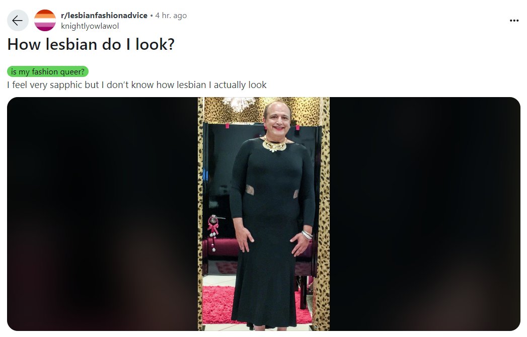 'Lesbian Fashion Advice' is a Reddit sub with 79,000 members, set up for lesbians to discuss clothing choices and trends. Like all lesbian pages on Reddit now, the entire page has been taken over by cross-dressing men posting pictures of themselves