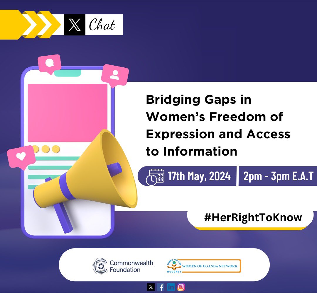 🎺Let’s bridge the gap in women’s Freedom of Expression & Access to Information together! Join our Twitter chat this Friday as we explore the challenges and draft strategies for an inclusive online space. ⏰ 2:00PM EAT 📅 17th May, 2024 #HerRightToKnow