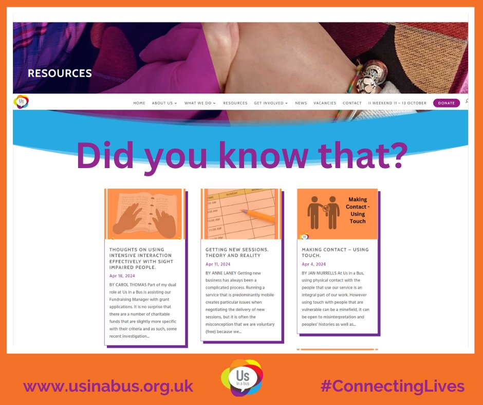 There are over 109 artciles on our website, written by our brilliant team past and present, covering a wide range of subjects. Go check it out… usinabus.org.uk/resources/ #learningdisability #intensiveinteraction #disability #specialneeds #PMLD #autism #disabilityawareness