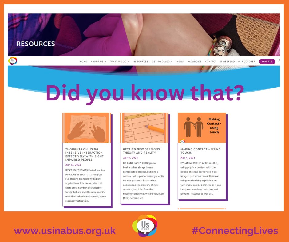 There are over 109 artciles on our website, written by our brilliant team past and present, covering a wide range of subjects.   Go check it out…
usinabus.org.uk/resources/
#learningdisability #intensiveinteraction #disability #specialneeds #PMLD #autism #disabilityawareness