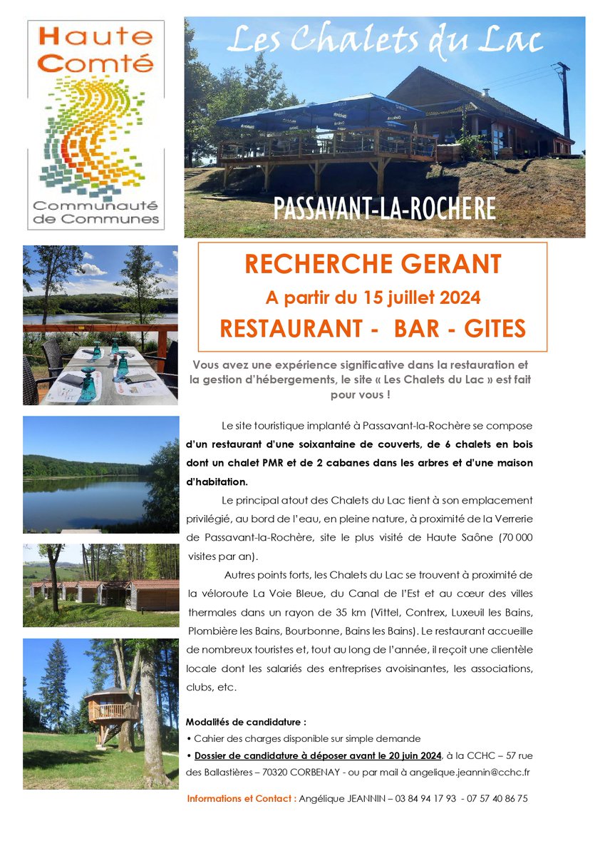 💼 Offre d'emploi 💼
La  Communauté de Communes de la Haute-Comté recherche un gérant pour le  site des Chalets du Lac (restaurant, bar et gîtes) à  Passavant-la-Rochère, à partir du 15 juillet. Dossier de candidature à  déposer avant le 20 juin 2024. Toutes les infos 👇