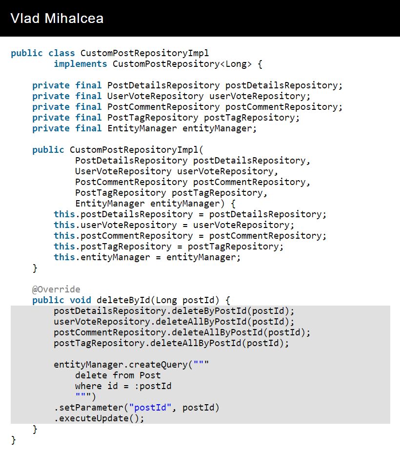 How to cascade DELETE unidirectional associations with Spring Data JPA vladmihalcea.com/cascade-delete…