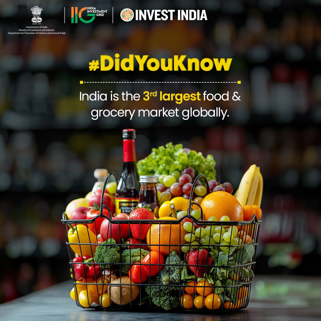 #GrowWithIndia
Dominating India's retail landscape, the food and grocery segment captures a substantial 65% share of the total retail market, reaffirming its pivotal role in shaping consumer preferences.

Explore more: bit.ly/IIGRetail

#InvestInIndia #DidYouKnow #IIG