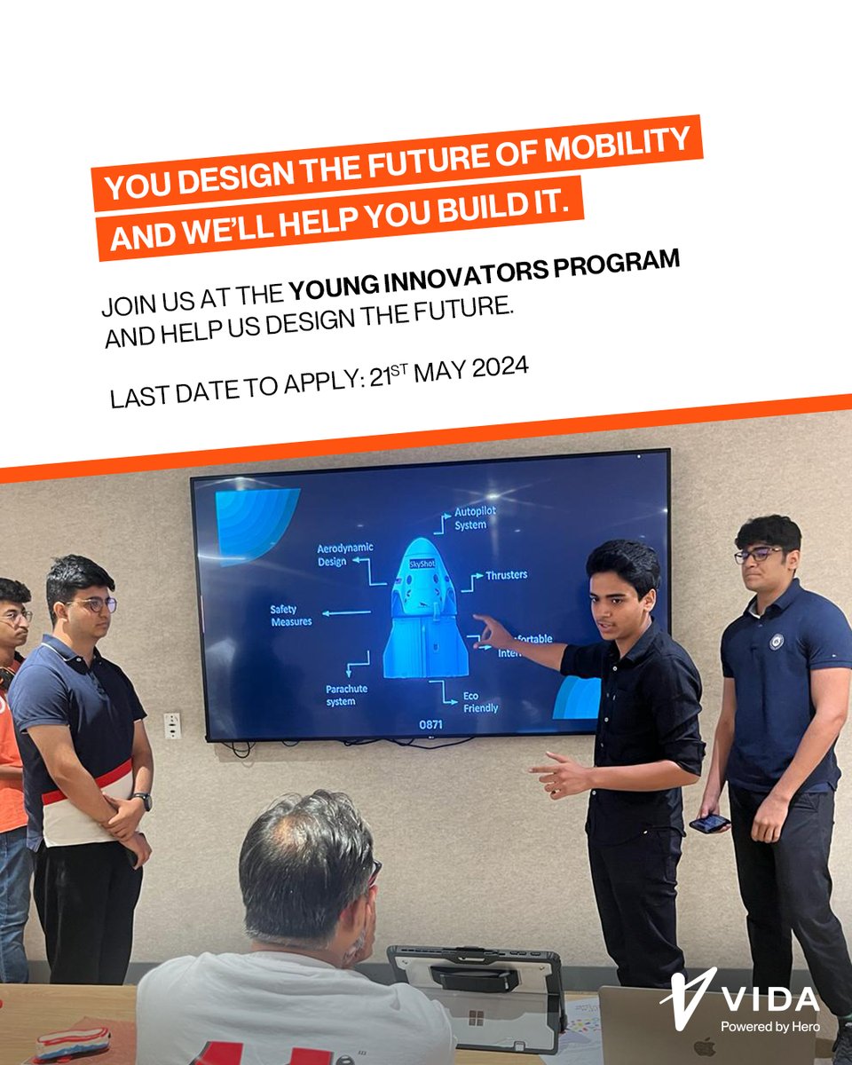 Join us at the Young Innovators Program from 1st-30th June 2024. Fill the form and let us design the future together - bit.ly/HeroYoungInnov…

Eligibility: 9th to 12th grade students.

#VIDA #EV #ElectricScooter #YoungInnovatorsProgram