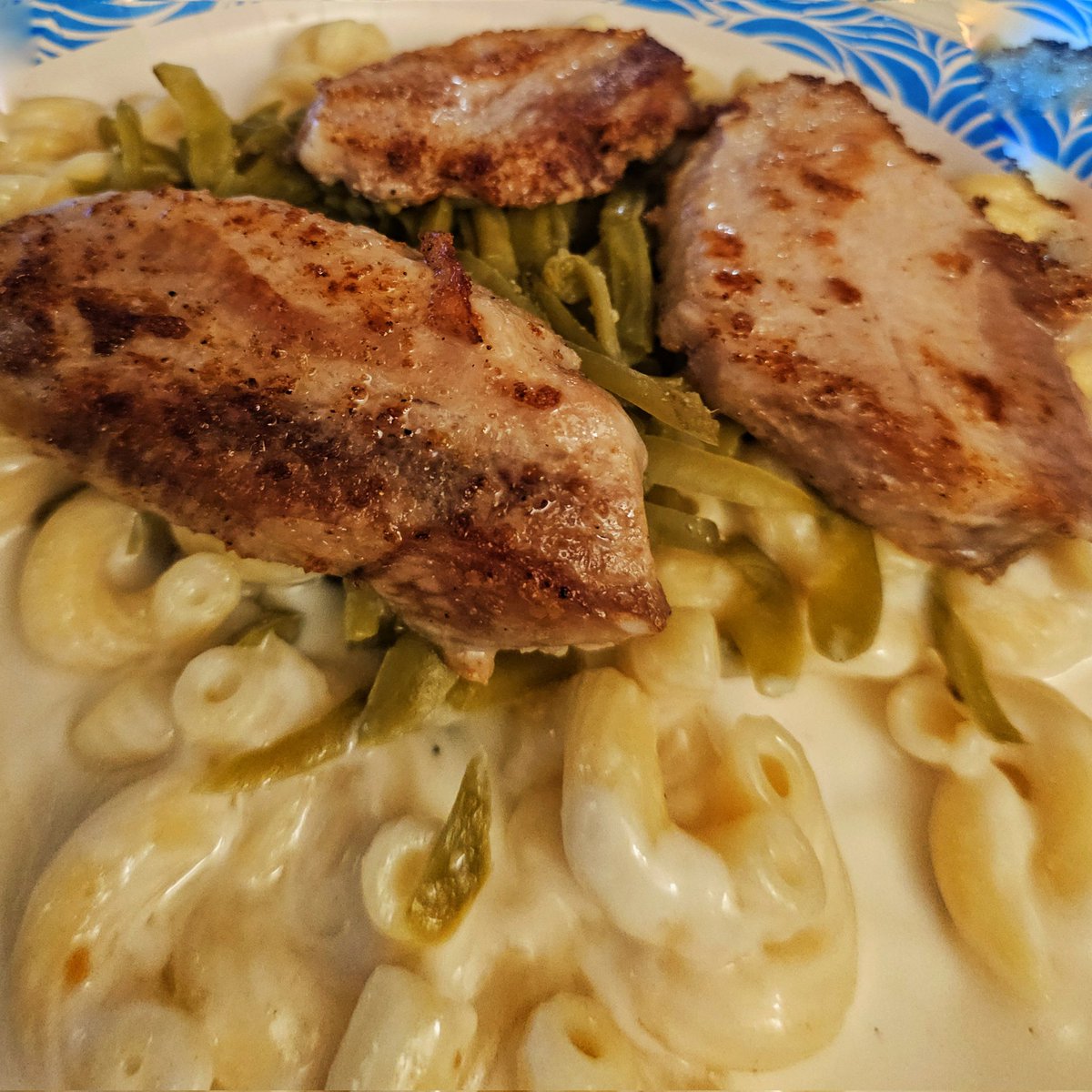 Chef Kris served Mac and Cheese, Pork Belly, and Green Beans for Dinner tonight.