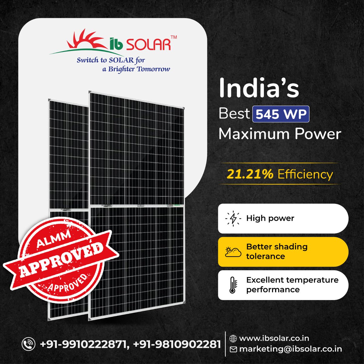 545WP maximum power output, unrivaled high power, and exceptional temperature performance. 

Visit our products : ibsolar.co.in/solar_panels.p…
Or call us at +919910222871, + 9810902281

#energyefficiency #sustainableliving #sustainableenergy #solarpanel #ibsolar #solarindia