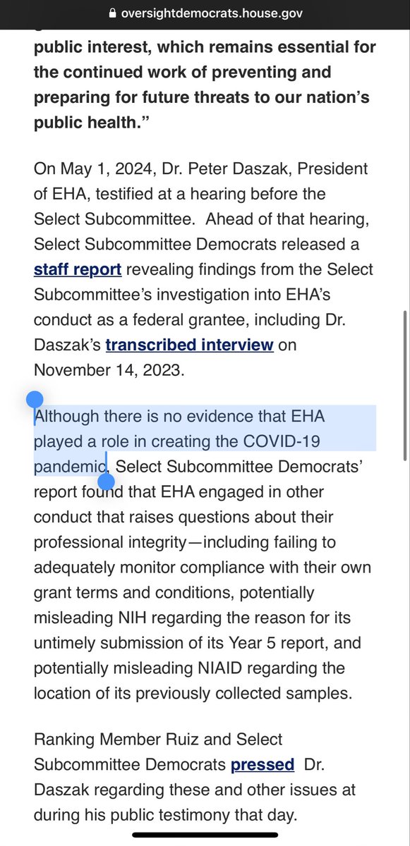 Dems on @OversightDems please correct this patently false conclusion. Lack of a definitive smoking gun is not the same as there being “no evidence.” There is an ABUNDANCE of evidence EcoHealth contributed to the pandemic. Do better @RepRaulRuizMD oversightdemocrats.house.gov/news/press-rel…