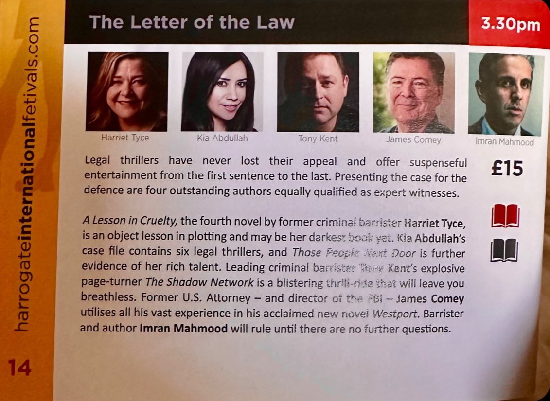 I am absolutely blown away to find myself on the Letter of the Law panel at this years @HarrogateFest #theakstonscrime!! And what a panel it is!! I can’t wait to share the stage with old mates @imranmahmood777, @KiaAbdullah and the wonderful @harriet_tyce, but I know all three