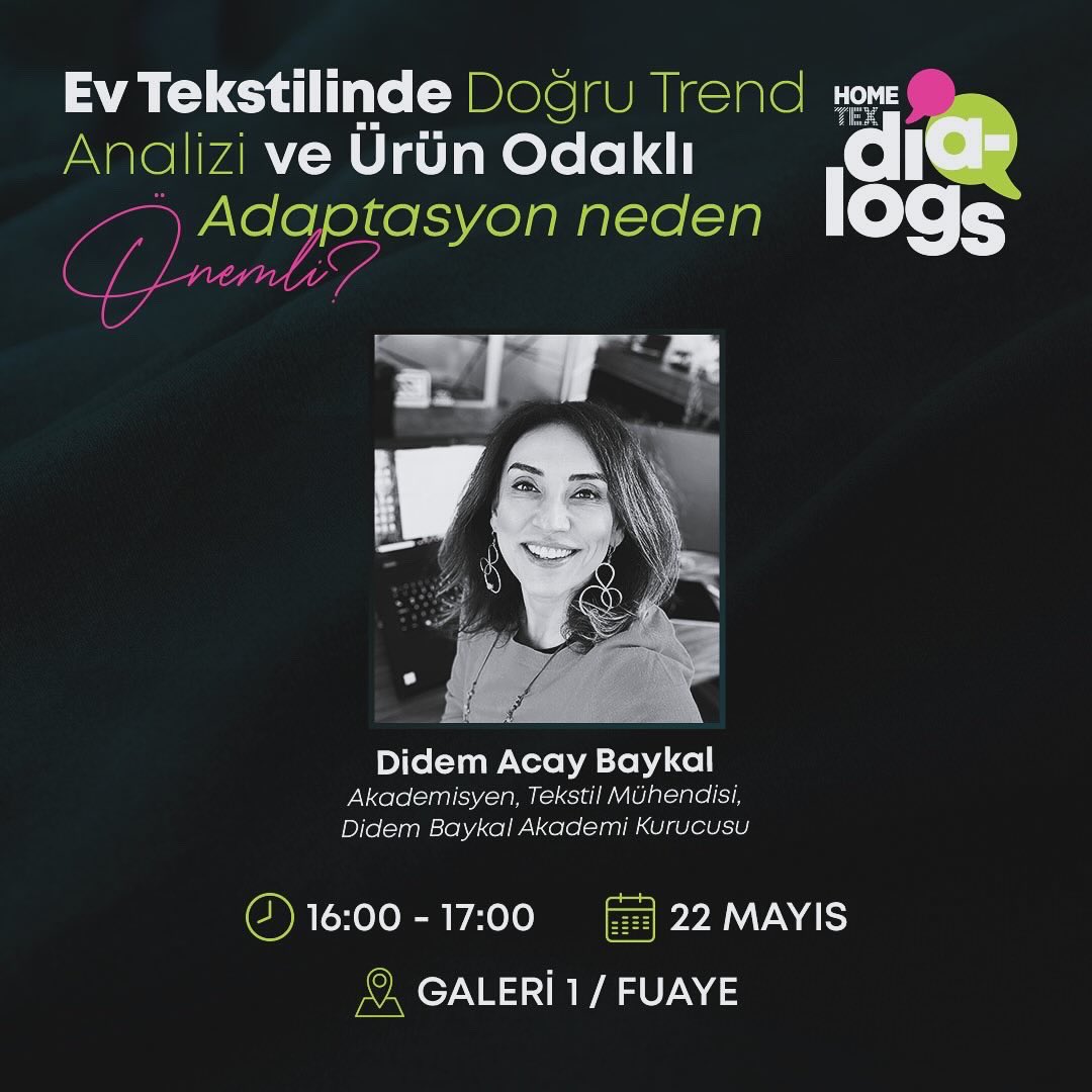 We love discussing trends at HOMETEX Dialogs! We discover how to evaluate suitable products by listening to Didem Acay Baykal’s correct trend analysis in home textiles. Get your fair invitation to attend the seminar: hometex.com.tr/en/online-tick… @kfafuarcilik @tetsiad +++