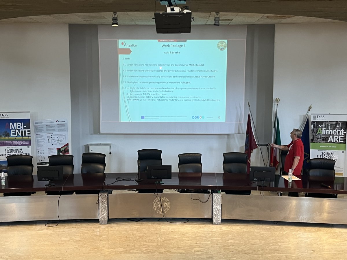 virtigation's tweet photo. Second day of the #VIRTIGATION annual meeting in #Catania at the facilities of our partner @unict_it, with our #PlantVirus #Vector interactions investigators sharing their latest research findings: https://t.co/H7ooEpBDlE #H2020 #EUFunded #PlantHealth #ToBRFV #ToLCNDV #TYLCV https://t.co/YBnRkEMKjJ