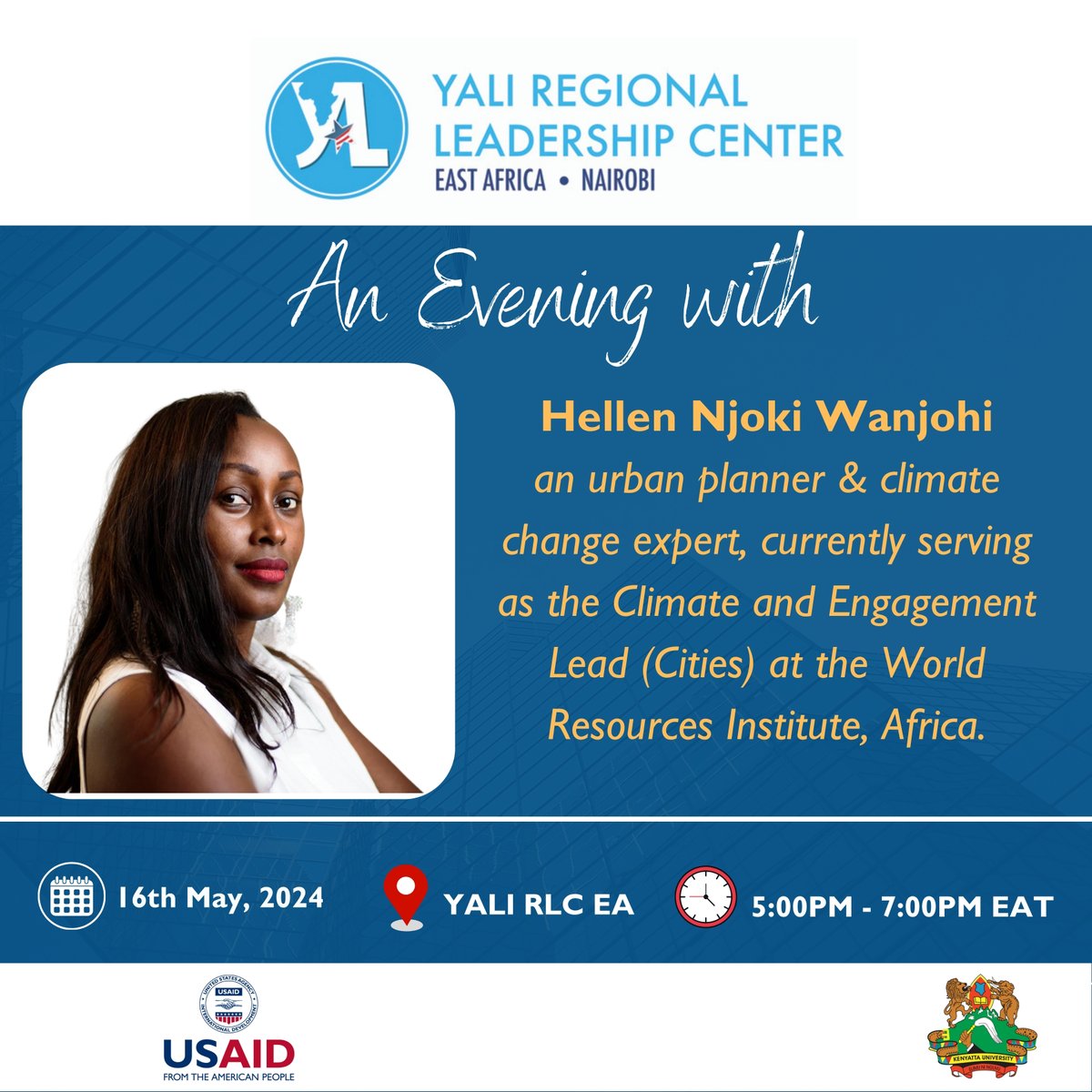 Excited to host Hellen Wanjohi today! 
As Climate & Engagement Lead at WRIClimate Africa, she's driving positive change in urban resilience & climate action. Join us for an evening session with this inspiring urban planner & climate expert! #ClimateAction #UrbanResilience