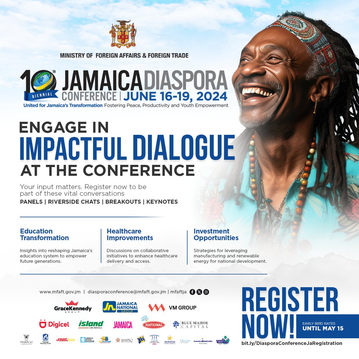 🇯🇲🇯🇲The 10th Biennial Jamaica Diaspora Conference aims to inspire dialogue and discussions affecting Jamaica and its Diaspora including: 🏥Health Transformation 📚Education Innovation 💰Investment Opportunities Register now: bit.ly/DiasporaConfer…