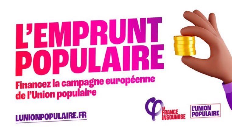 Une campagne européenne, ça coûte cher ! 
L’#unionpopulaire a besoin de vous pour se financer 

➡️ lafranceinsoumise.fr/europeennes-20…

#EmpruntPopulaire