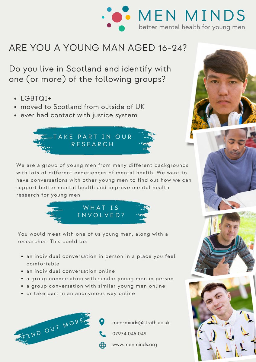 👋🏿We are looking for young men aged 16-24 who live in Scotland to take part in our mental health research. LGBTQI+ 🏳️‍🌈🏳️‍⚧️ justice experienced 🚔 migrant or refugee 🧡 🌐Find out all of the different ways you can take part menminds.org/take-part #mentalhealthawarenessweek