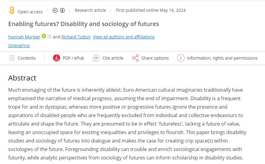 Hannah Morgan @hannahnagrom.bsky.social (@hannahnagrom) on Twitter photo Enabling futures? Disability and sociology of futures. New article based on coffee based chats between me and <a href="/TuttonRichard/">Richard Tutton</a>
bit.ly/EnablingFutures Enabling futures? Disability and sociology of futures. New article based on coffee based chats between me and <a href="/TuttonRichard/">Richard Tutton</a>
bit.ly/EnablingFutures
